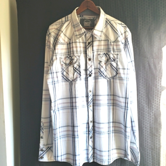 BKE Standard Fit Mens Long Sleeve Button Front Shirt XL Blue White Plaid - Picture 2 of 8